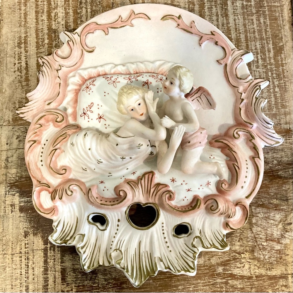 Vintage Cherub Angel and Woman Wall Plaque Ceramic Pink and Gold Tones